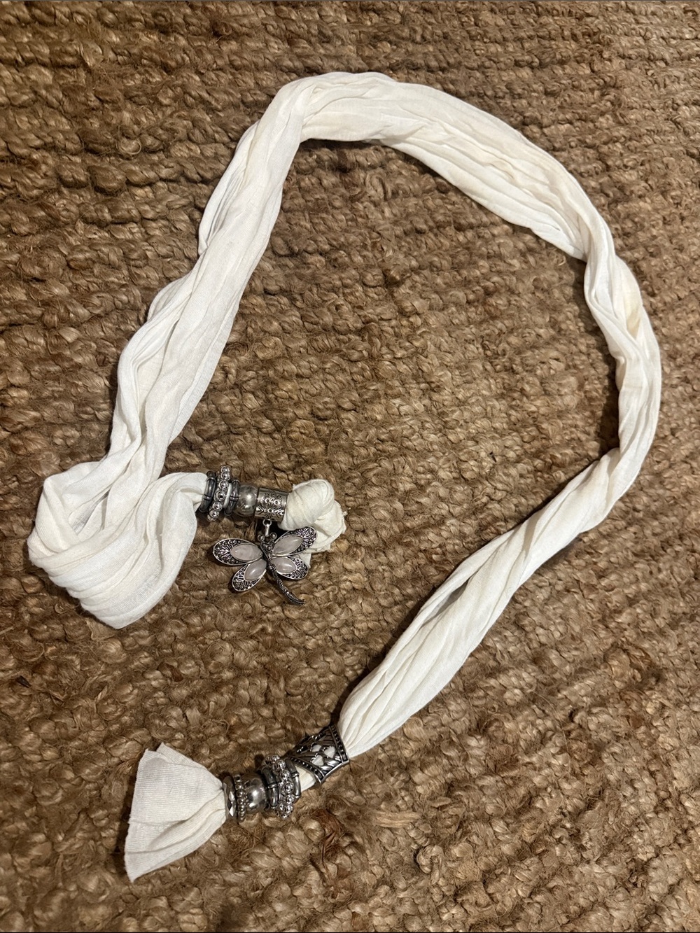 White Scarf Belt with Silver Dragonfly Charm Silver Accents LIKE NEW
